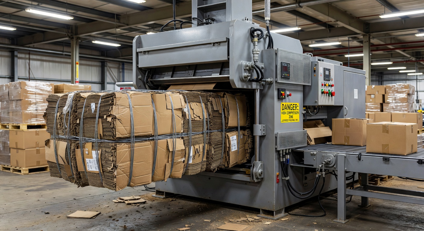 Hydraulic baler compressing cardboard waste into bales