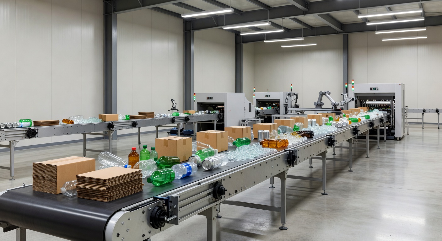 Conveyor belt system transporting mixed recyclable materials in a processing facility