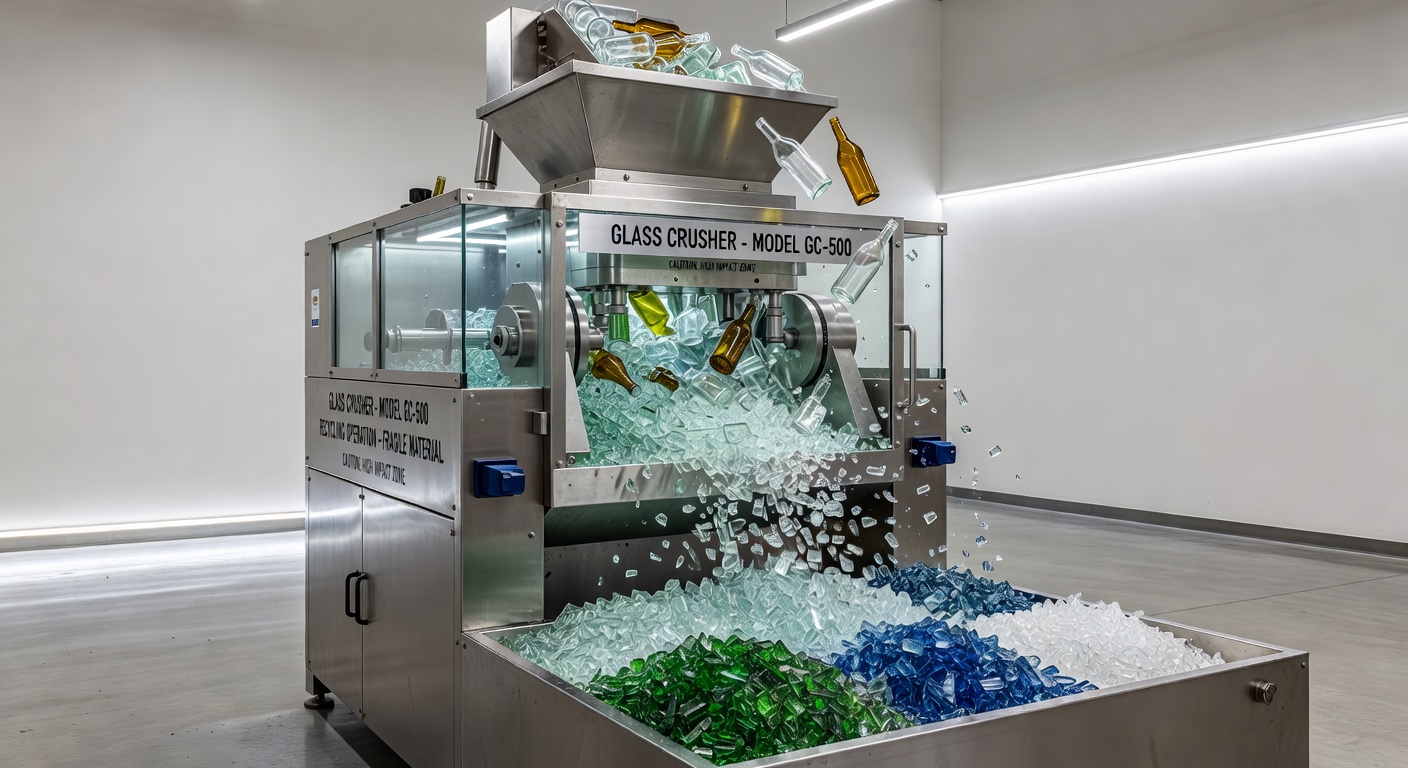 Glass crusher machine for bottle and window glass recycling