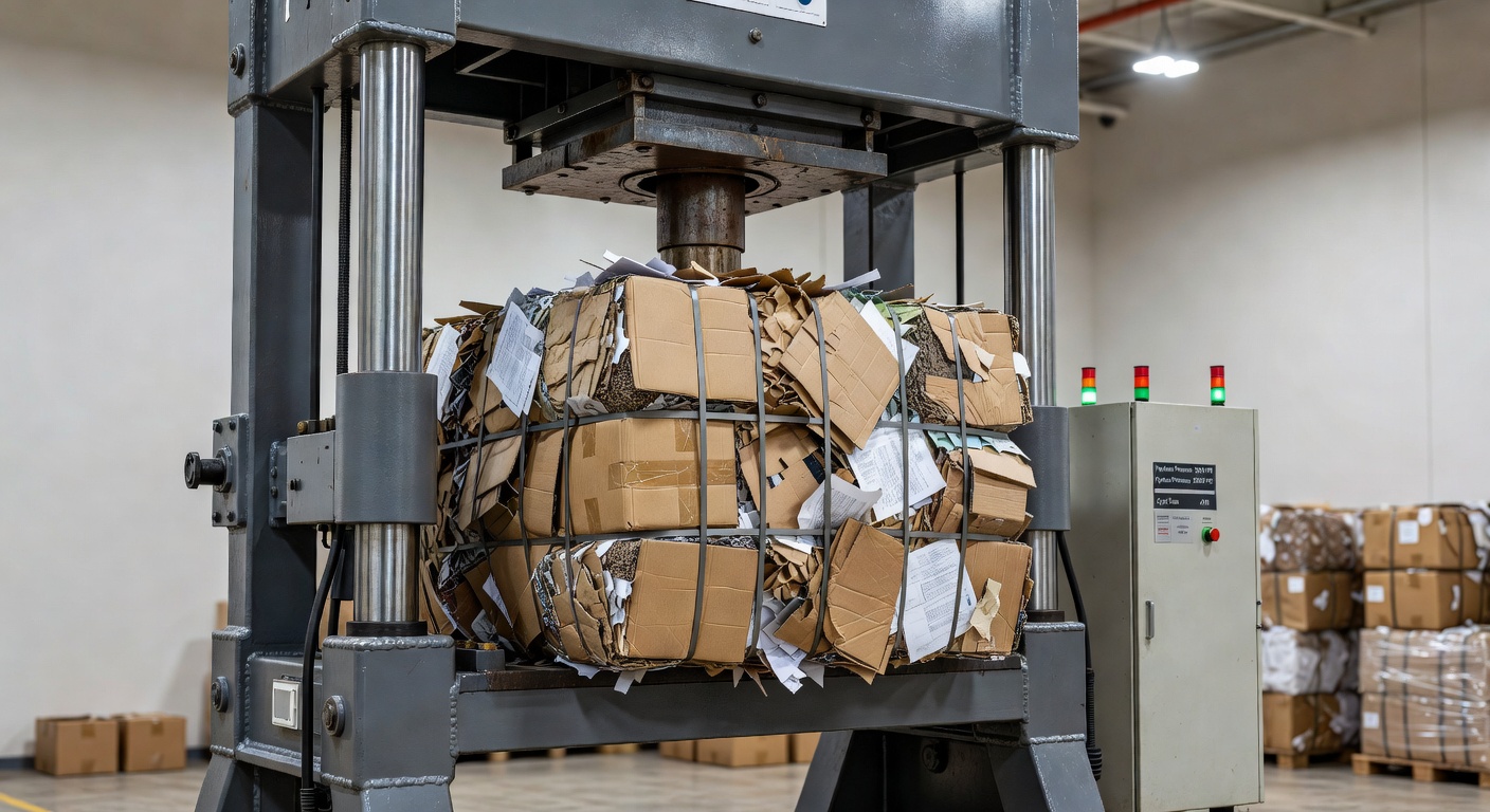 Hydraulic press baling machine in operation at a recycling facility