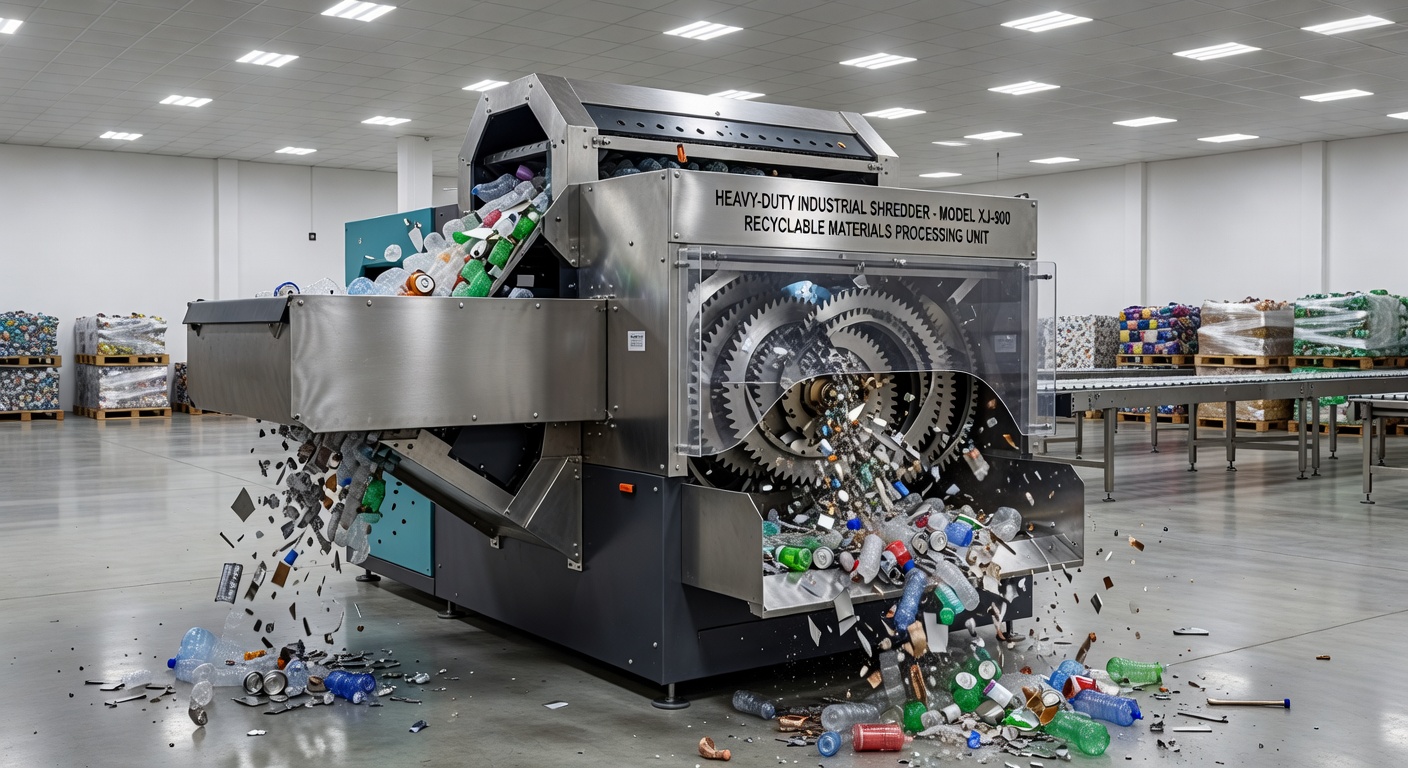 Industrial shredder unit in a recycling facility
