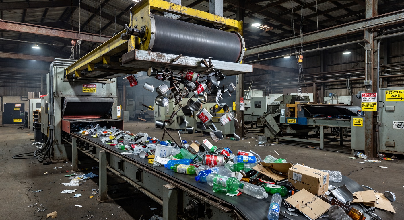 Magnetic separator removing ferrous metal from conveyor belt stream