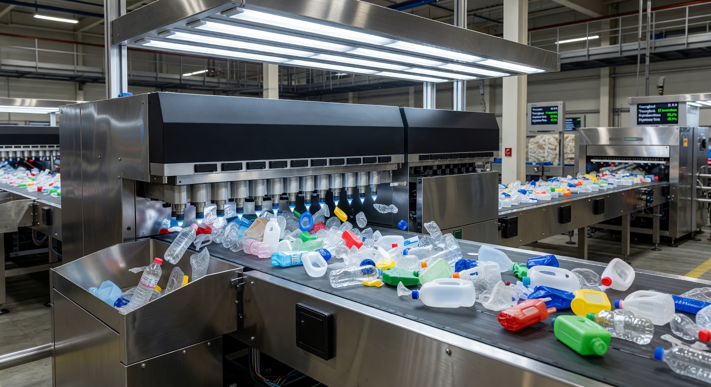 Optical sorter machine classifying plastic types by near-infrared sensor