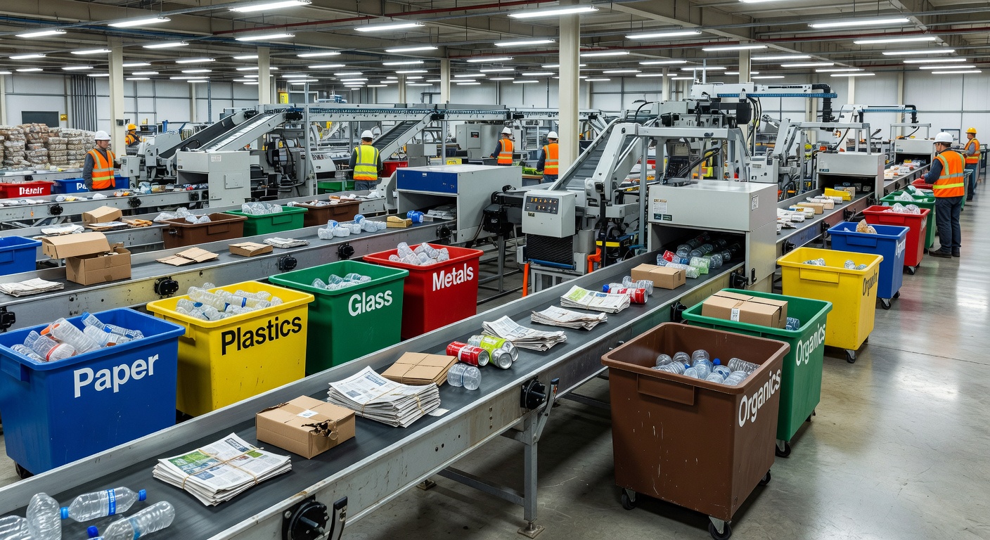 Sorting line conveyor belt system in a recycling facility