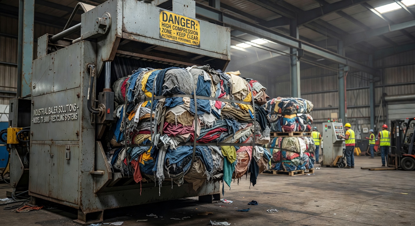 Textile baler machine for clothing and fabric waste